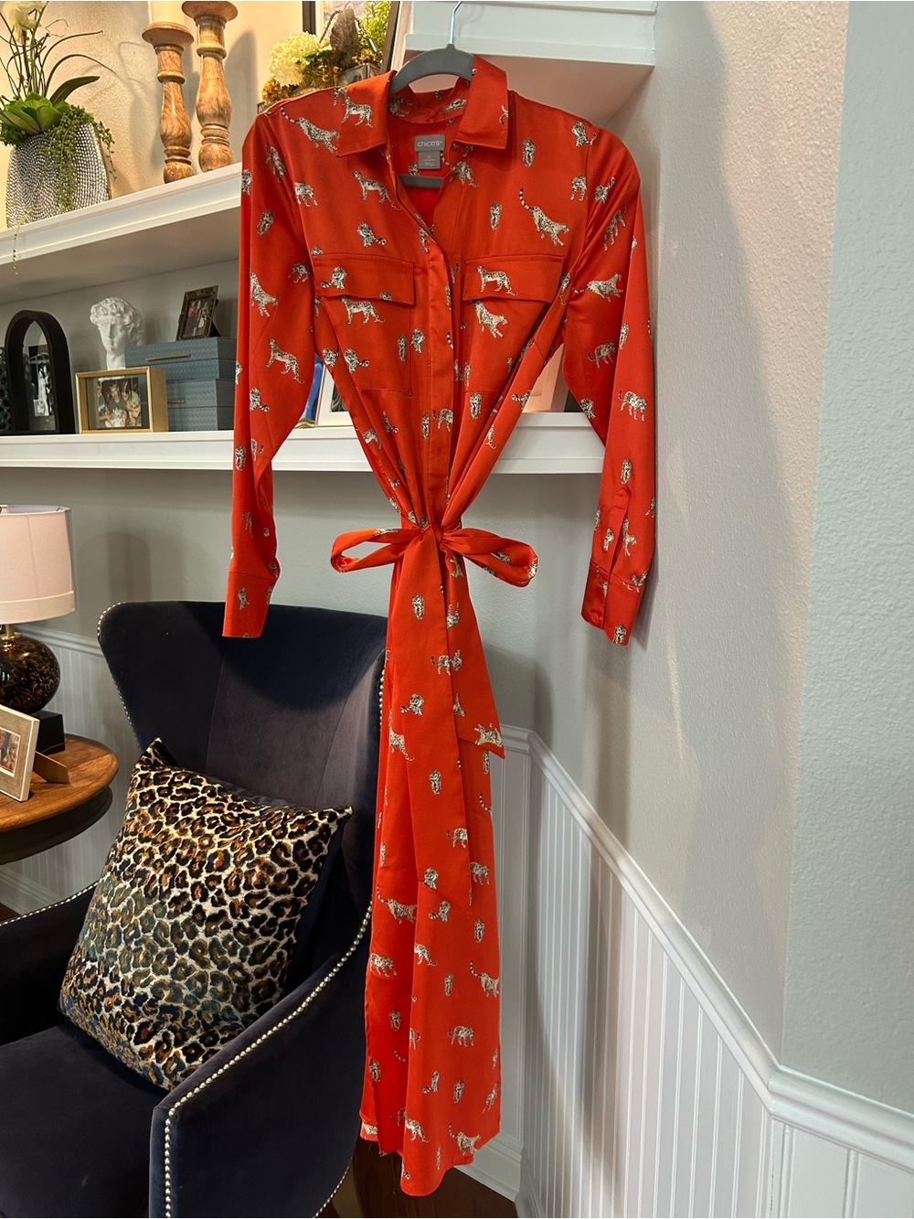 Chico's Orange Sleeve Printed Belted Shirt Dress